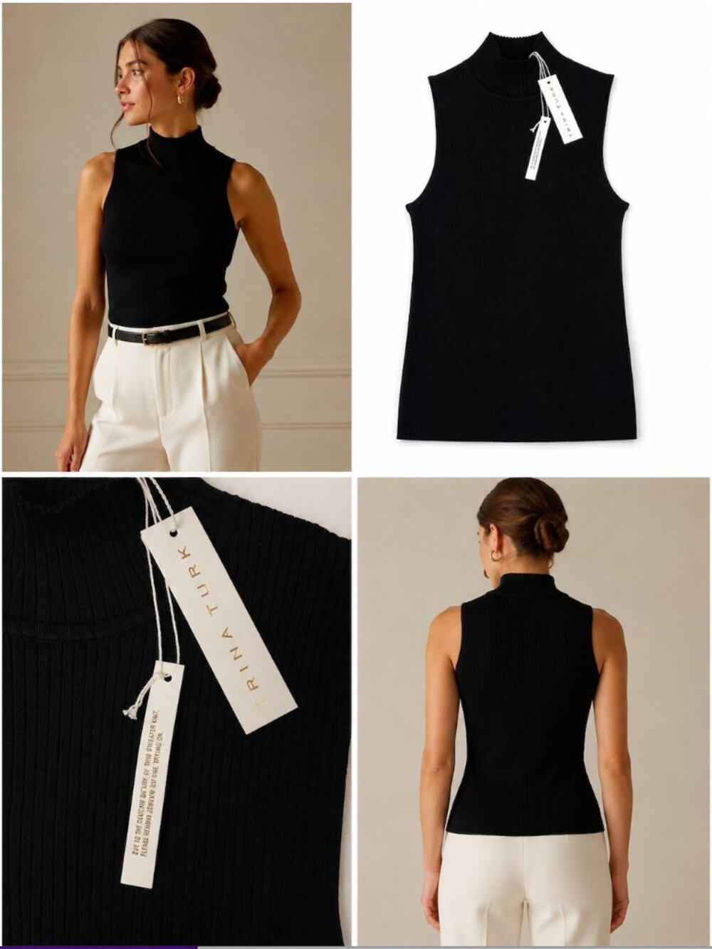 NWT Trina Turk Black Ribbed Sleeveless Turtleneck Sweater Top Medium MSRP $178